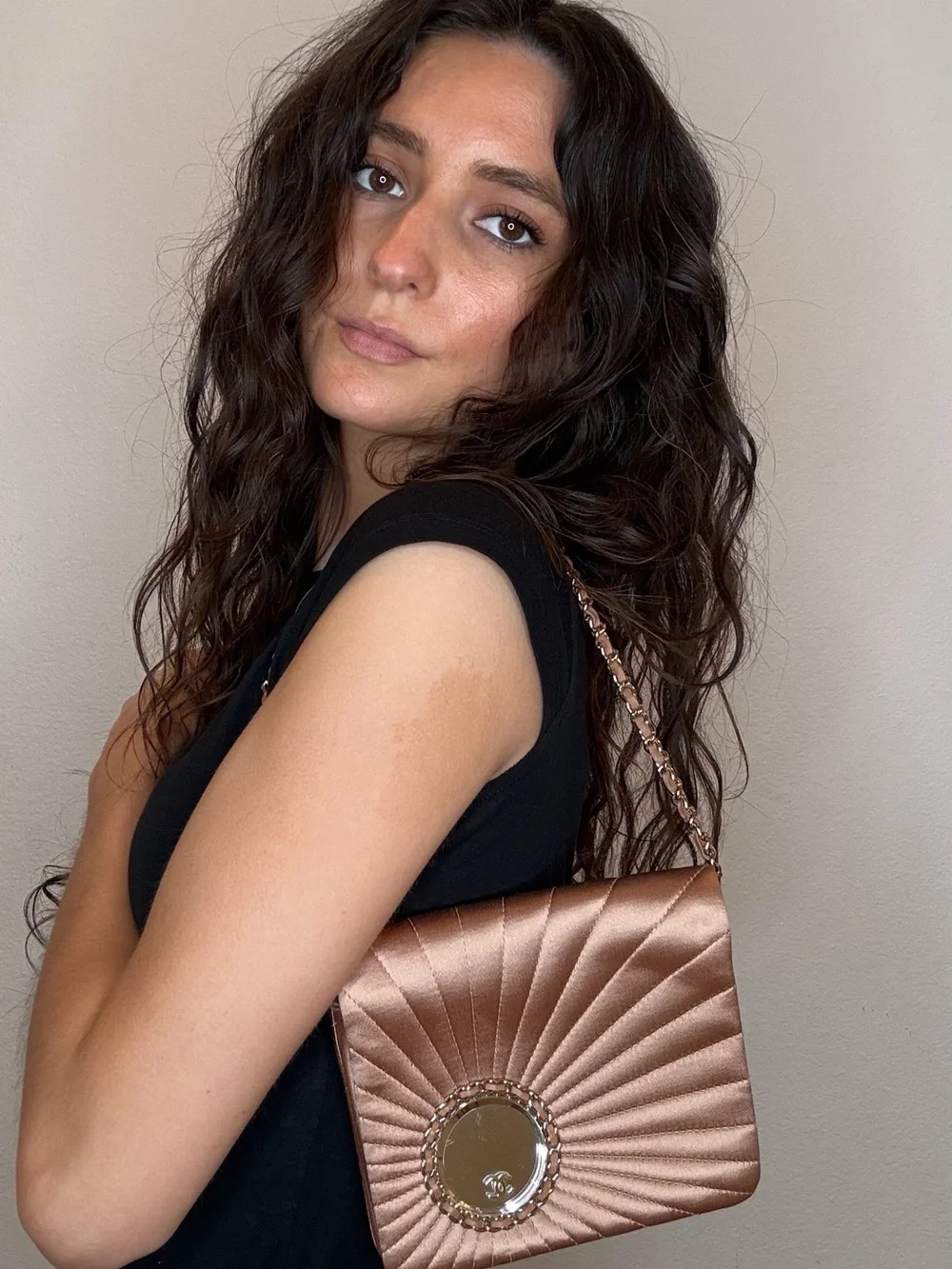 CHANEL Rose Gold Quilted Satin Chain Shoulder Bag
